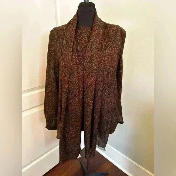 Ciao Sport Vintage Womens 8 Silk Brown Paisley‎ Scarf Long Sleeve Button Blouse - Picture 3 of 14